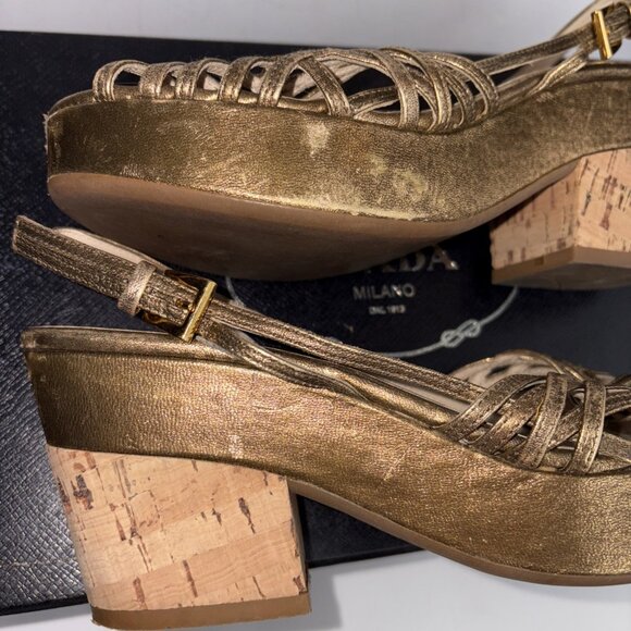 Vintage Prada Heels Gold Slingback Size EUR 37 US 7 with Box & Shoe Bags - Picture 9 of 16